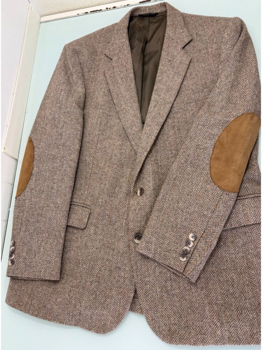 Vintage Gallery Haggar Sport Coat Blazer 44R Tweed Herringbone Elbow Patch USA